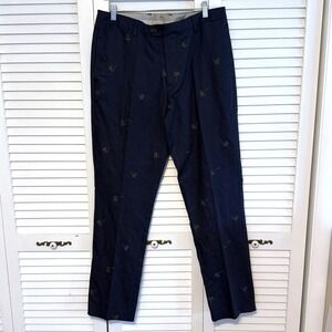 Bonobos Chino Pants Embroidered Palm Tree 34/34 Navy Blue Men Summer Linen Blend